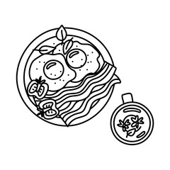 Doodle tea for breakfast and eggs on a plate. Black and white outline illustration. Scrambled eggs, bacon with tomatoes and basil, and floral tea on a white background. Portion. Morning meal linear