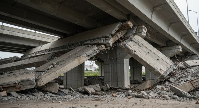 Collapsed concrete overpass with exposed rebar and debris field