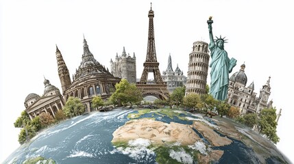 Famous monuments and structures from around the world atop a globe
