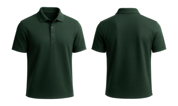 Classic dark green polo shirt with short sleeves and a pointed collar, shown from front and back views on transparent background.