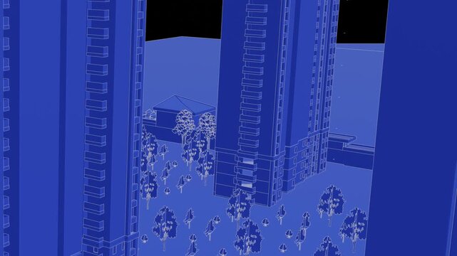 Animation of a Generic Apartment Complex, Seamless Looped Animation, 3d blueprint linework