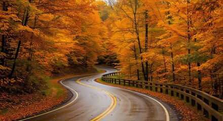 Naklejka premium A winding autumn road with vibrant fall foliage.