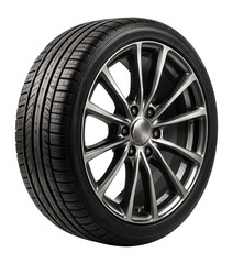 Obraz premium High-quality car tire with sleek alloy wheel design, emphasizing tread pattern and rim details, on transparent background.