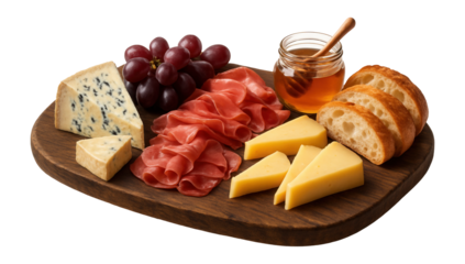 A charcuterie board featuring assorted cheeses, slices of cured meat, red grapes, honey in a jar, and sliced bread on transparent background.