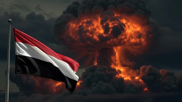 Animation of the Yemen flag waving dramatically. In the background, a massive nuclear explosion creates a dark, apocalyptic, and destructive scene. Concept of war, crisis, or conflict.
