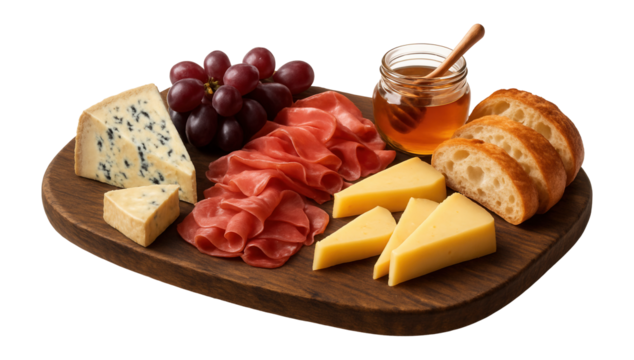 A charcuterie board featuring assorted cheeses, slices of cured meat, red grapes, honey in a jar, and sliced bread on transparent background.