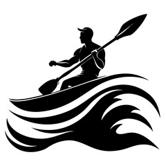 Man kayaking through stylized waves silhouette