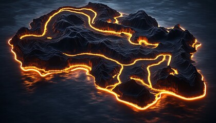 Old island shapes digitized with luminous pathways and abstract map design