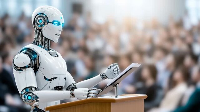 Advanced AI robot, making a speech on stage at a conference, engages in a discussion with a receptive audience, artificial intelligence development