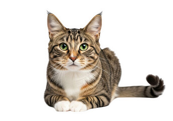 Obraz premium A cute tabby cat with green eyes is sitting on a transparent background, looking directly at the camera