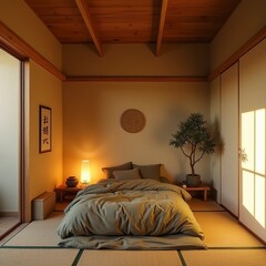 Japanese zen bedroom with tatami flooring shoji screens minimal furniture and warm ambient lighting for peaceful meditative ambiance