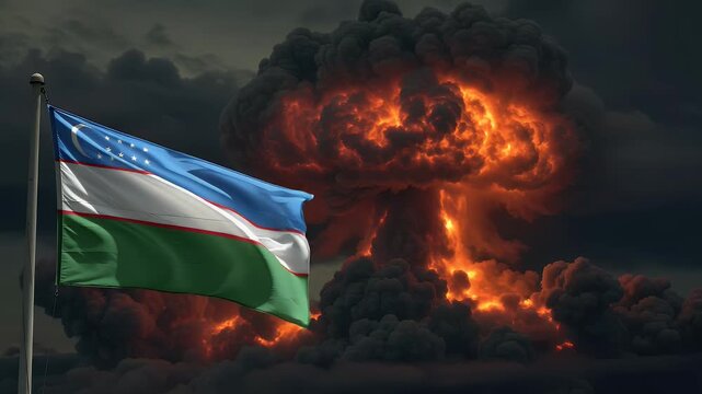 Animation of the Uzbekistan flag waving dramatically. In the background, a massive nuclear explosion creates a dark, apocalyptic, and destructive scene. Concept of war, crisis, or conflict.