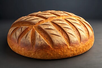 Rustic Sourdough Bread Loaf with Decorative Scoring on a Dark Surface crust baked