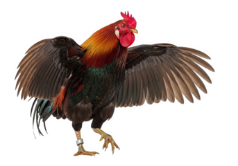 A colorful rooster with its wings spread wide is standing on a transparent background, isolated for a studio shot