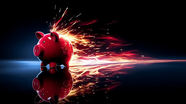 A glossy red piggy bank rockets forward trailing flames, symbolizing fast‑growing savings and financial momentum.