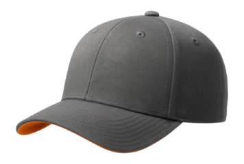 Dark grey baseball cap with orange trim on the brim, showcasing a classic panel design and a button top on transparent background.