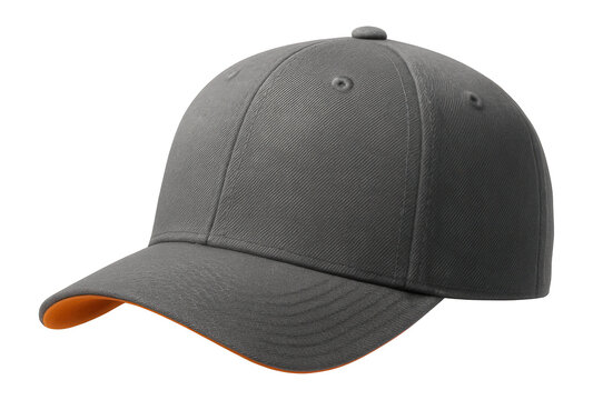 Dark grey baseball cap with orange trim on the brim, showcasing a classic panel design and a button top on transparent background.