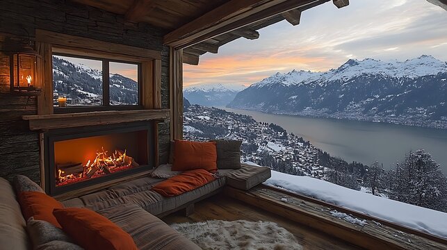 Cozy mountain lodge with breathtaking lake and snow-capped peaks view.