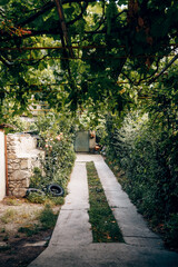 Entrance door small residential house in neighborhood, exterior building outside