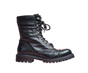 Side view of a black leather combat boot.  A sturdy, high-top boot with thick sole.  Lace-up design.  Durable material.  Profile shot