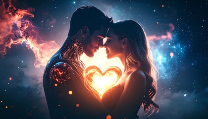 Obraz premium Celestial Embrace: A Couple's Heartfelt Connection Amidst the Cosmos