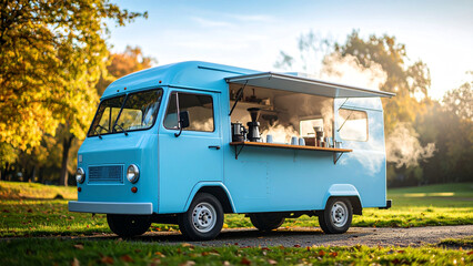 A charming matte pastel blue coffee food truck with rising steam, parked in a beautiful sunlit autumn park setting.