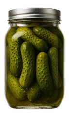 Glass jar filled with whole, green pickles submerged in brine with a sealed metal lid on transparent background.