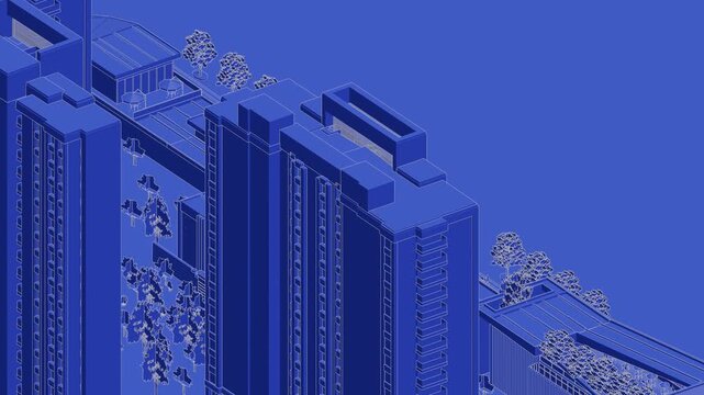 Animation of a Generic Apartment Complex, Seamless Looped Animation, 3d blueprint linework