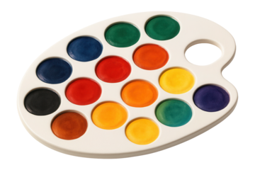 A colorful artist palette with various vibrant paint colors arranged neatly on transparent background.