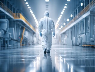 Fototapeta premium Worker in protective suit walking in a modern factory