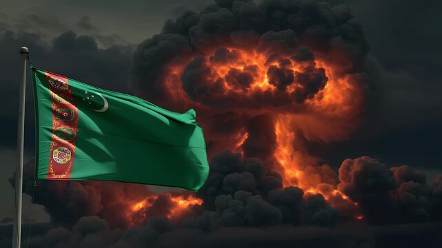 Animation of the flag of Turkmenistan waving against a fiery explosion. This footage can depict concepts such as conflict, crisis, war, or political instability.