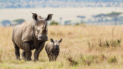 Obraz premium Black Rhino in Masai Mara, Kenya. Black Rhino and Calf in the Masai Mara, Kenya