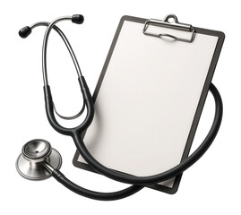Medical stethoscope and blank clipboard sheet for notes, symbolizing healthcare and diagnostics on transparent background.