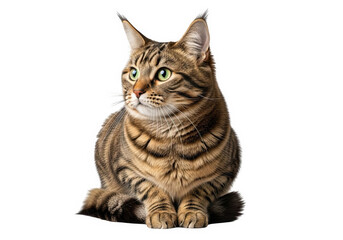 A beautiful tabby cat sitting and looking curiously to the side, isolated on transparent background