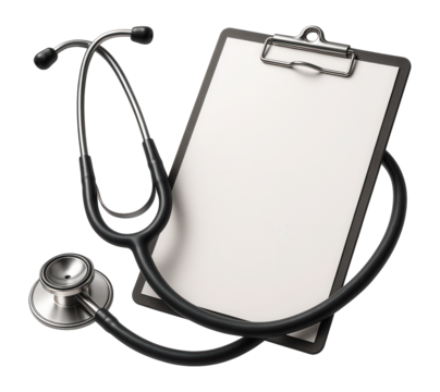 Medical stethoscope and blank clipboard sheet for notes, symbolizing healthcare and diagnostics on transparent background.