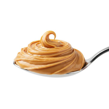 Polished silver tablespoon holding a creamy light brown peanut butter dollop with an exquisite swirl, isolated on a transparent studio background with bokeh, appetizing food presentation