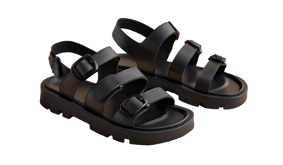 Pair of black chunky platform sandals.  Adjustable straps with buckles.  Stylish footwear