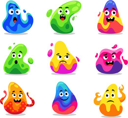 Obraz premium Set of cute cartoon amorphous blob monsters showing various emotions. Colorful jelly-like character doodle illustrations.