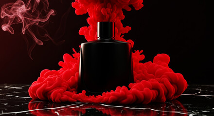 Short Designer Black Bottle with Red Smoke on Marble Surface in Dark Studio Setting