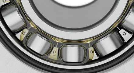 Industrial Roller Bearing with Visible Golden Lubricant and Internal Metallic Components