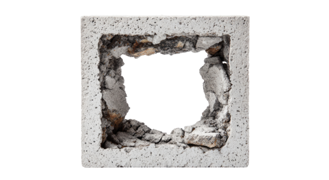 Square concrete block with a large, irregular hole.  Cracks and debris visible around the opening