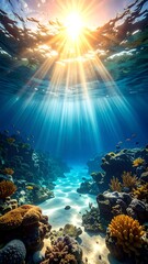 Fototapeta premium Underwater coral reef scene bathed in sunlight