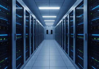Modern data center server room corridor with rows of illuminated server racks and blue lighting