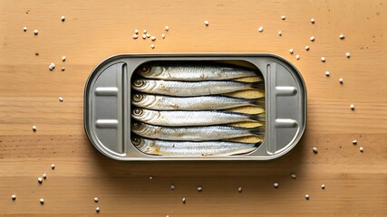 Top View of an Open Tin Can Filled with Sardines on a Wooden Surface fish canned