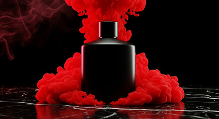 Short Designer Black Bottle with Red Smoke on Marble Surface in Dark Studio Setting