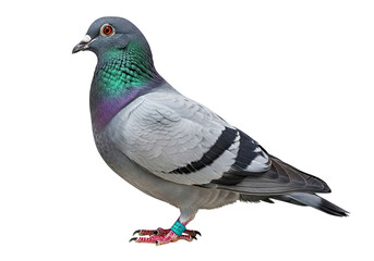 A single pigeon bird isolated on transparent background, showcasing its iridescent neck feathers and grey body, a symbol of peace and urban wildlife