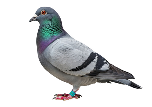 A single pigeon bird isolated on transparent background, showcasing its iridescent neck feathers and grey body, a symbol of peace and urban wildlife