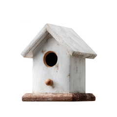 A charming white wooden birdhouse with a rustic finish and a round entrance, perfect for enhancing outdoor spaces and attracting birds.