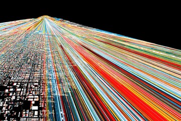 Abstract, colorful, radiating lines, cityscape pattern, dynamic motion