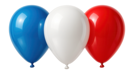 Three colorful balloons in blue, white, and red arranged side by side on transparent background.